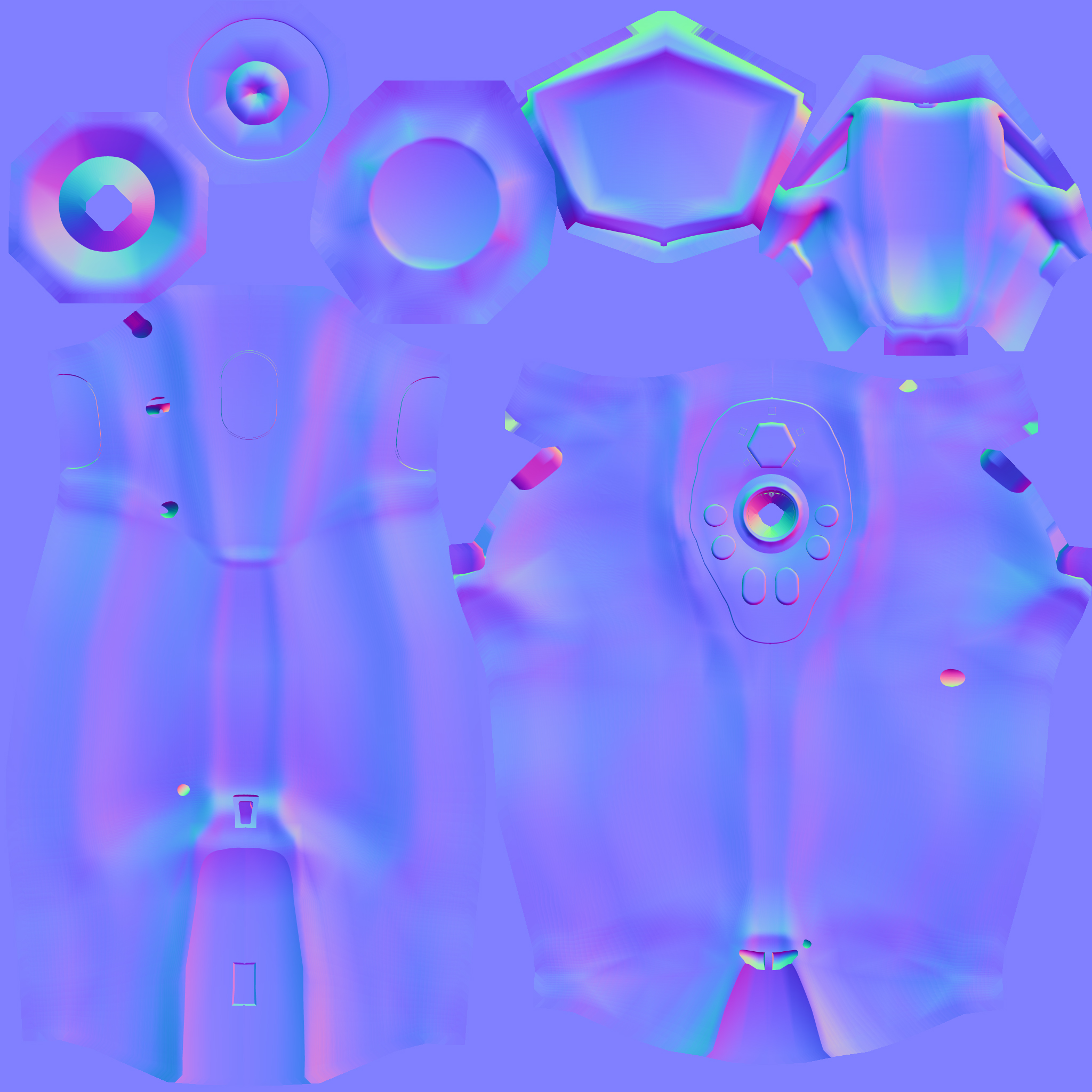 A tangent-space normal map texture showing the characteristic blue-purple base with colour variations encoding surface detail
