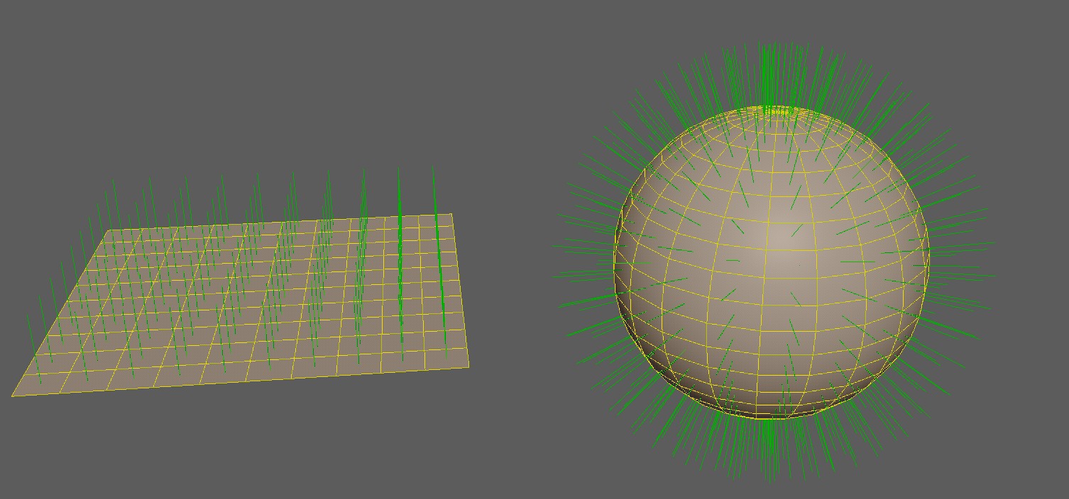 Left: a flat plane with all normal vectors pointing uniformly in the same direction. Right: a sphere with normals radiating outward, each perpendicular to the surface at that point.